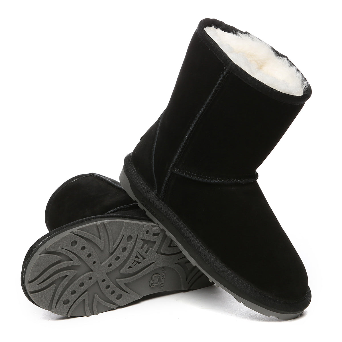 Black EverUgg Short Classic Suede Boots with rounded toe and cozy interior, stylish and versatile for cold weather.