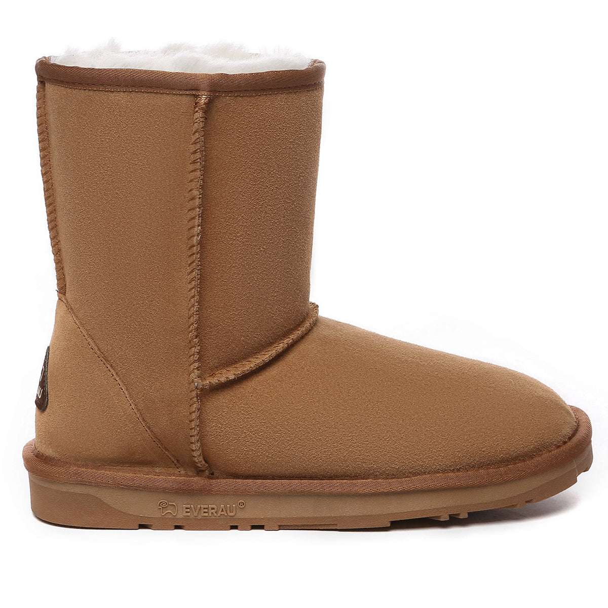 EverUgg Short Classic Suede UGG Boots in tan with a rounded toe and flat sole, showcasing their stylish, cozy design.