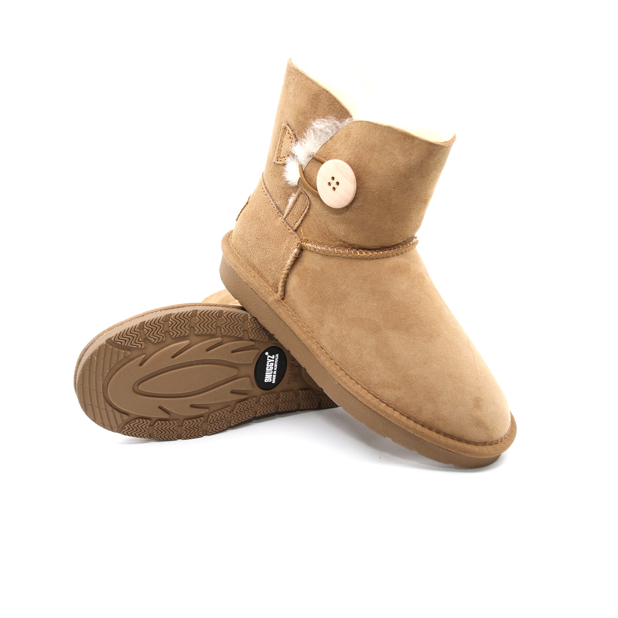 Snuggyz SNUGGYZ® premium mini UGG boots for women, Australian made, featuring classic button details and sheepskin lining.