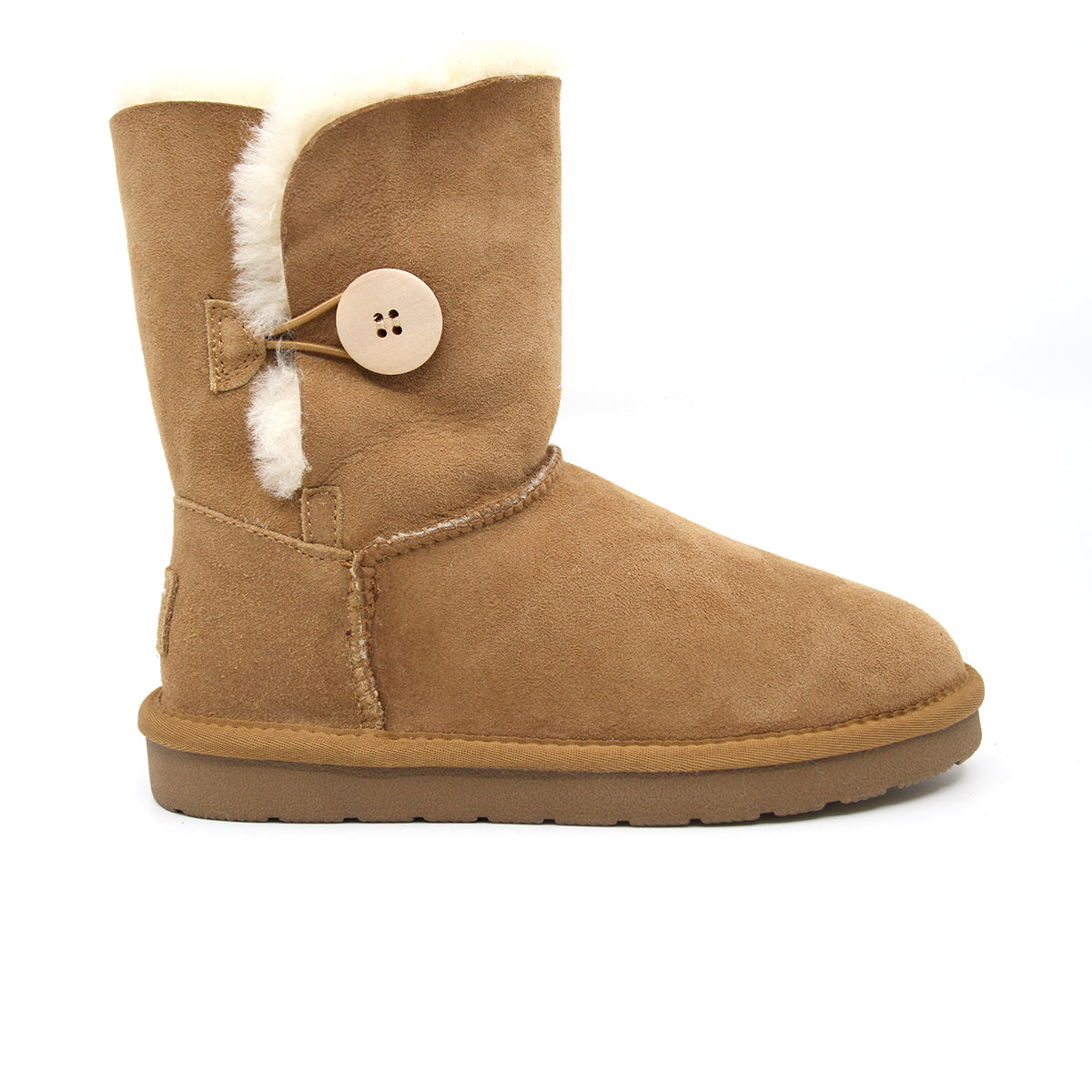 Snuggyz premium short button UGG boots for women, Australian-made classic sheepskin shoes with button details and cozy interior.