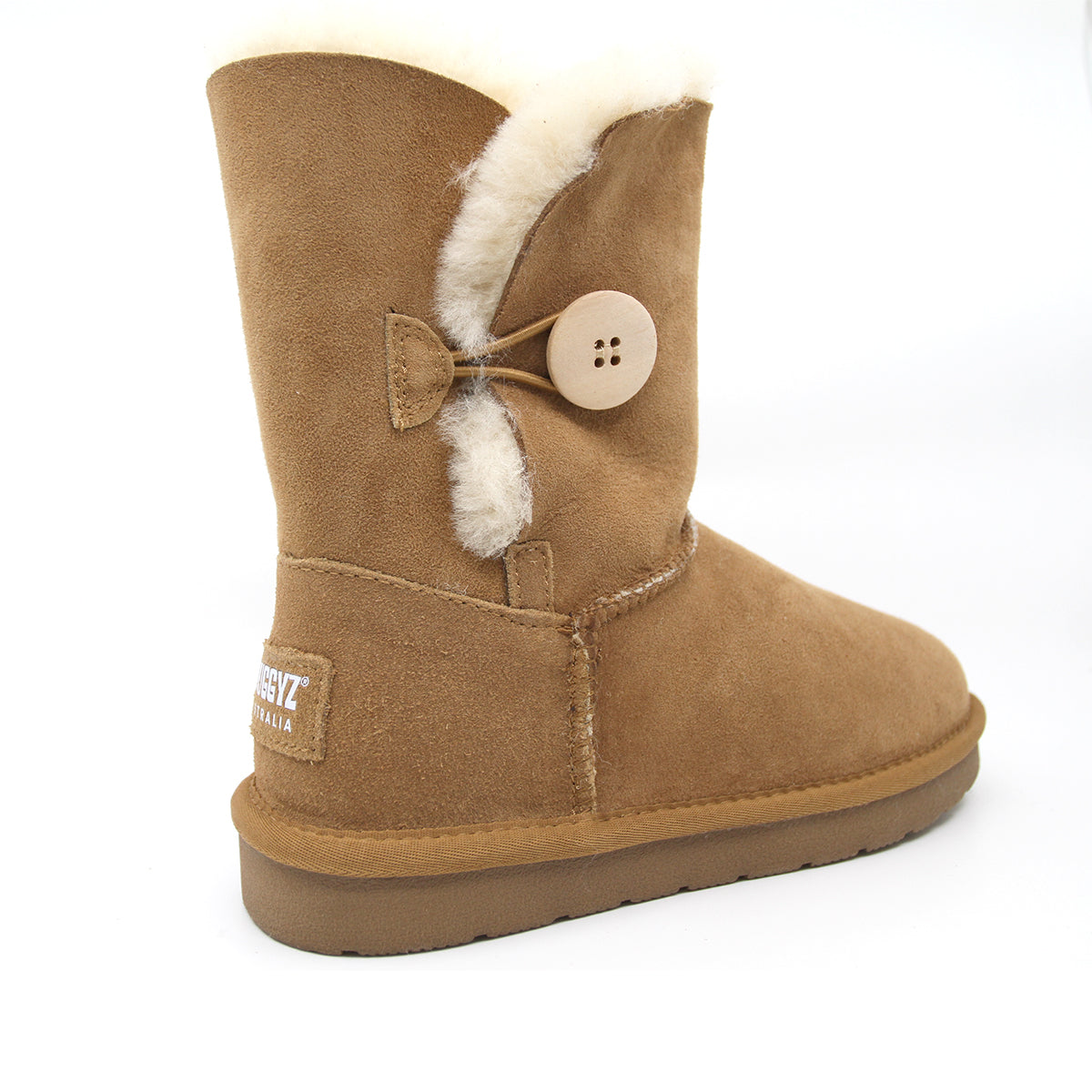 Snuggyz Premium Short Button UGG Boots for women, Australian-made classic sheepskin shoes with button details.