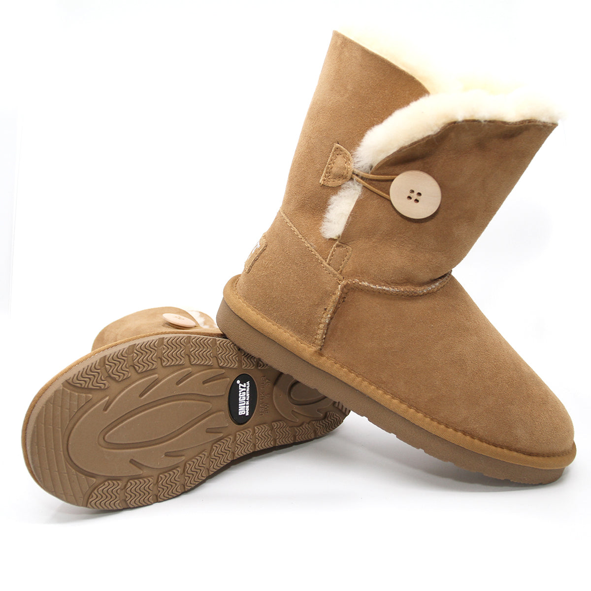 Snuggyz premium short button UGG boots for women, Australian-made classic sheepskin shoes with button details and cozy interior.