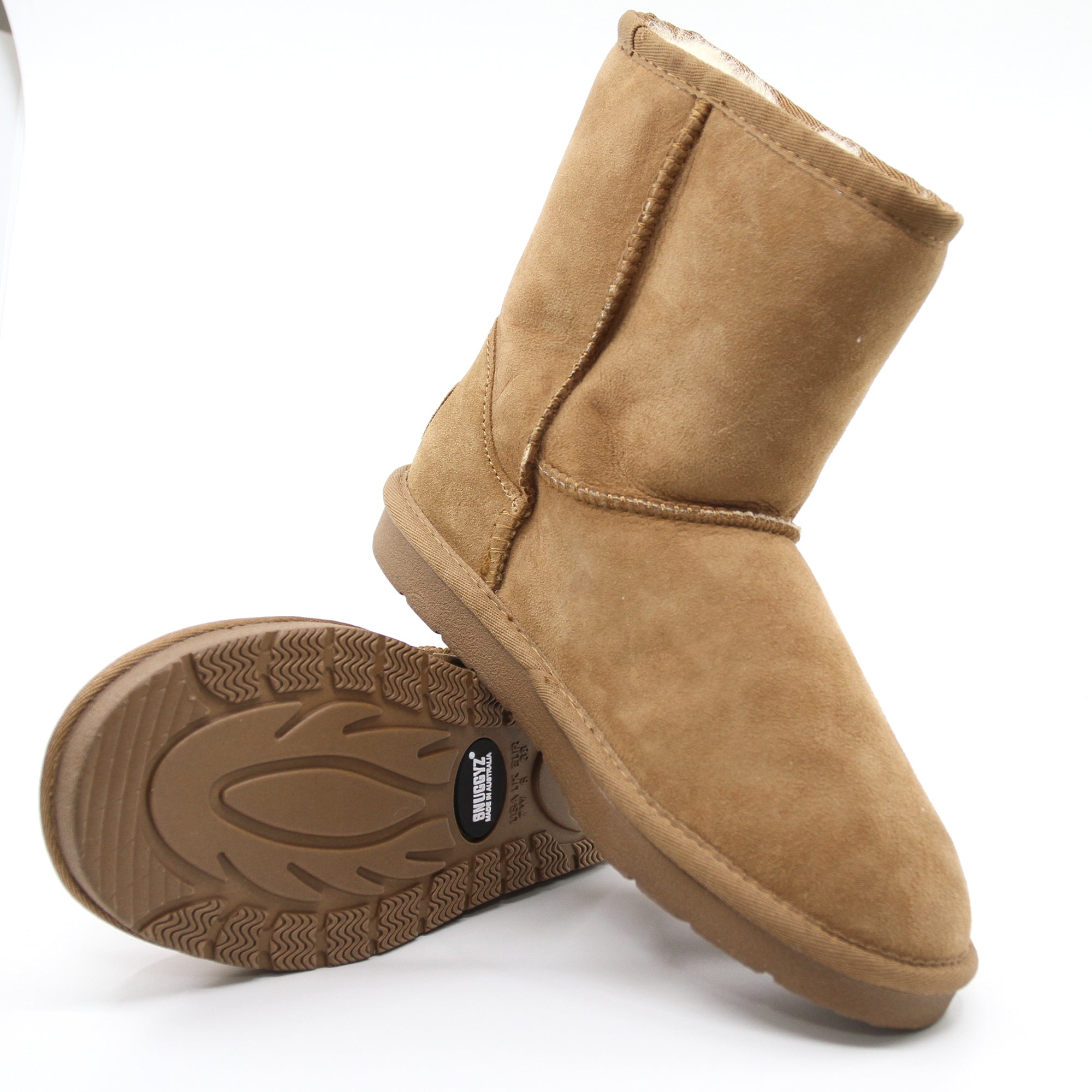 Snuggyz Premium Short Classic UGG Boots for women, Australian-made sheepskin shoes with cozy, plush interior and tan exterior.