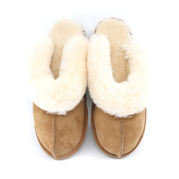 Snuggyz premium UGG Classic Slippers in chestnut color, Australian-made, featuring soft sheepskin material and cozy design.