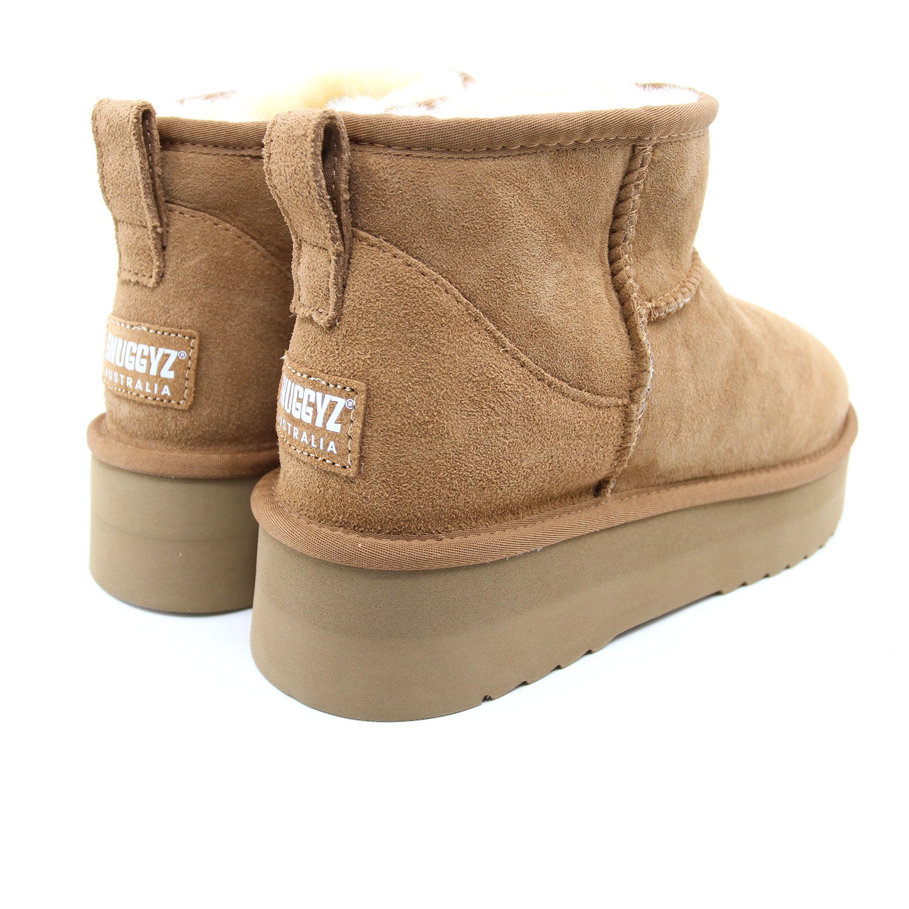 Snuggyz Ultra Mini Classic UGG platform women's boots in chestnut color, Australian-made sheepskin with cozy interior.