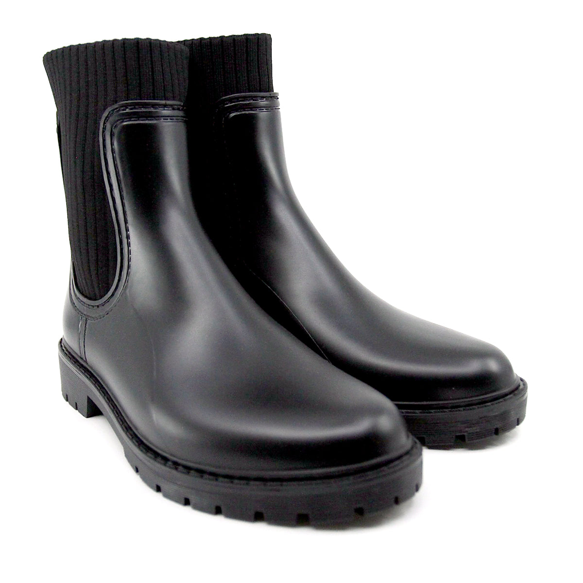 Snuggyz SNUGGYZ Urban Flex Rainboots in black with textured soles, waterproof design, and adjustable ankle straps.