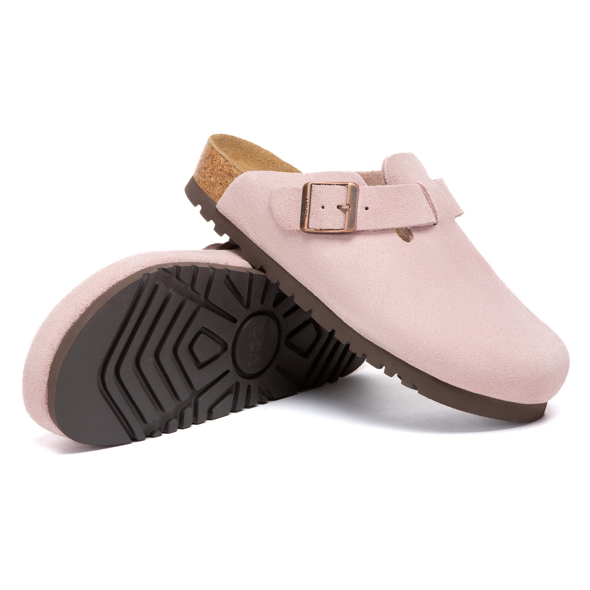 EverUgg Birkie Suede Buckle Clogs slippers with suede material and buckle detail, shown from the side on a neutral background.