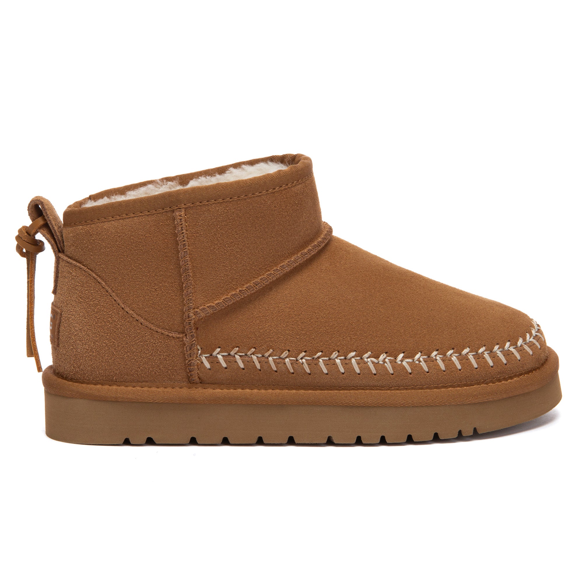EverUgg Stitch Ultra Mini UGG Boots in tan with plush fur lining, showcasing a cozy, stylish winter footwear design.
