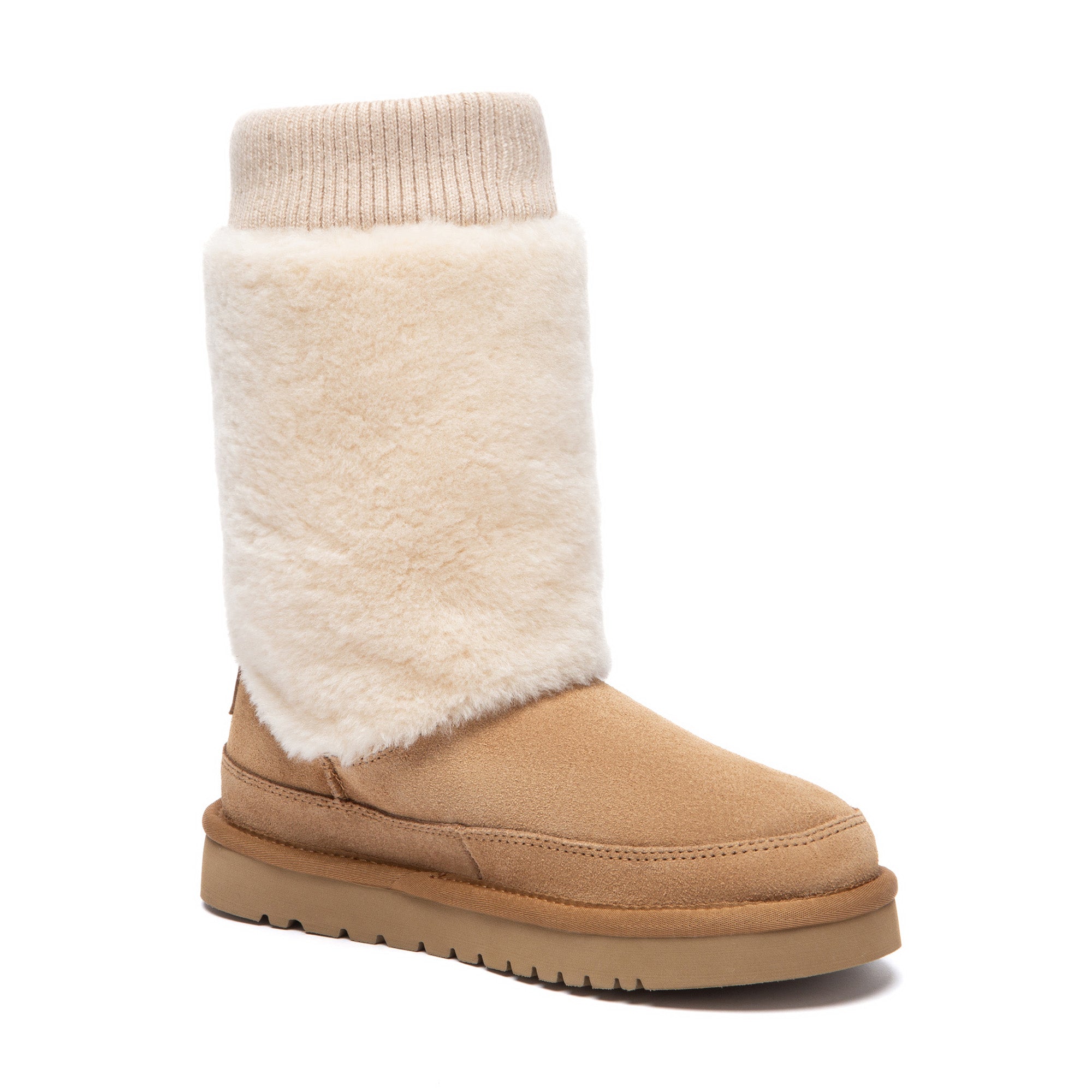 EverUgg stretchy short UGG boots in soft, flexible material, shown from a side angle on a neutral background.
