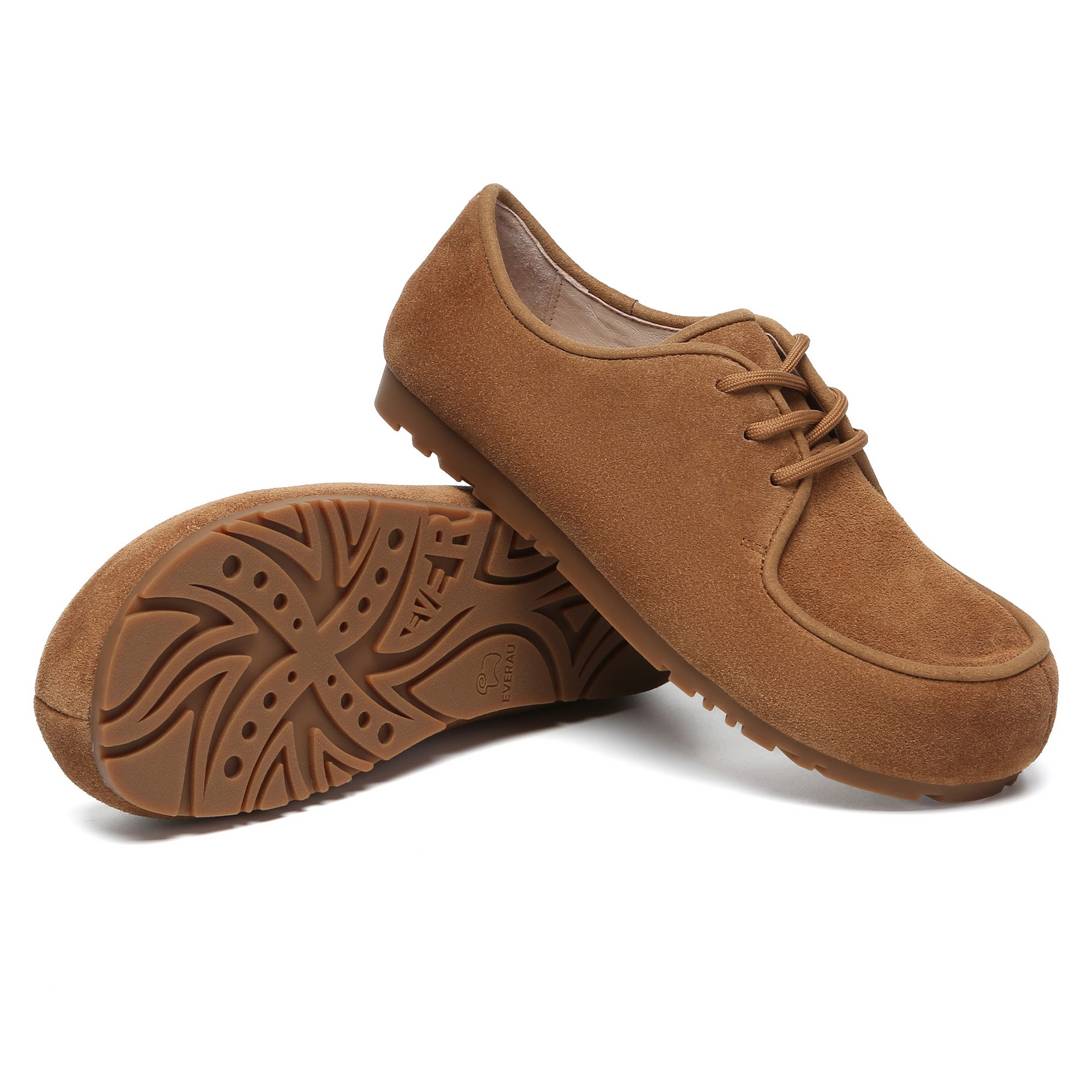 EverUgg suede leather casual lace-up shoes showing a close-up of light brown shoes with white soles and detailed stitching.