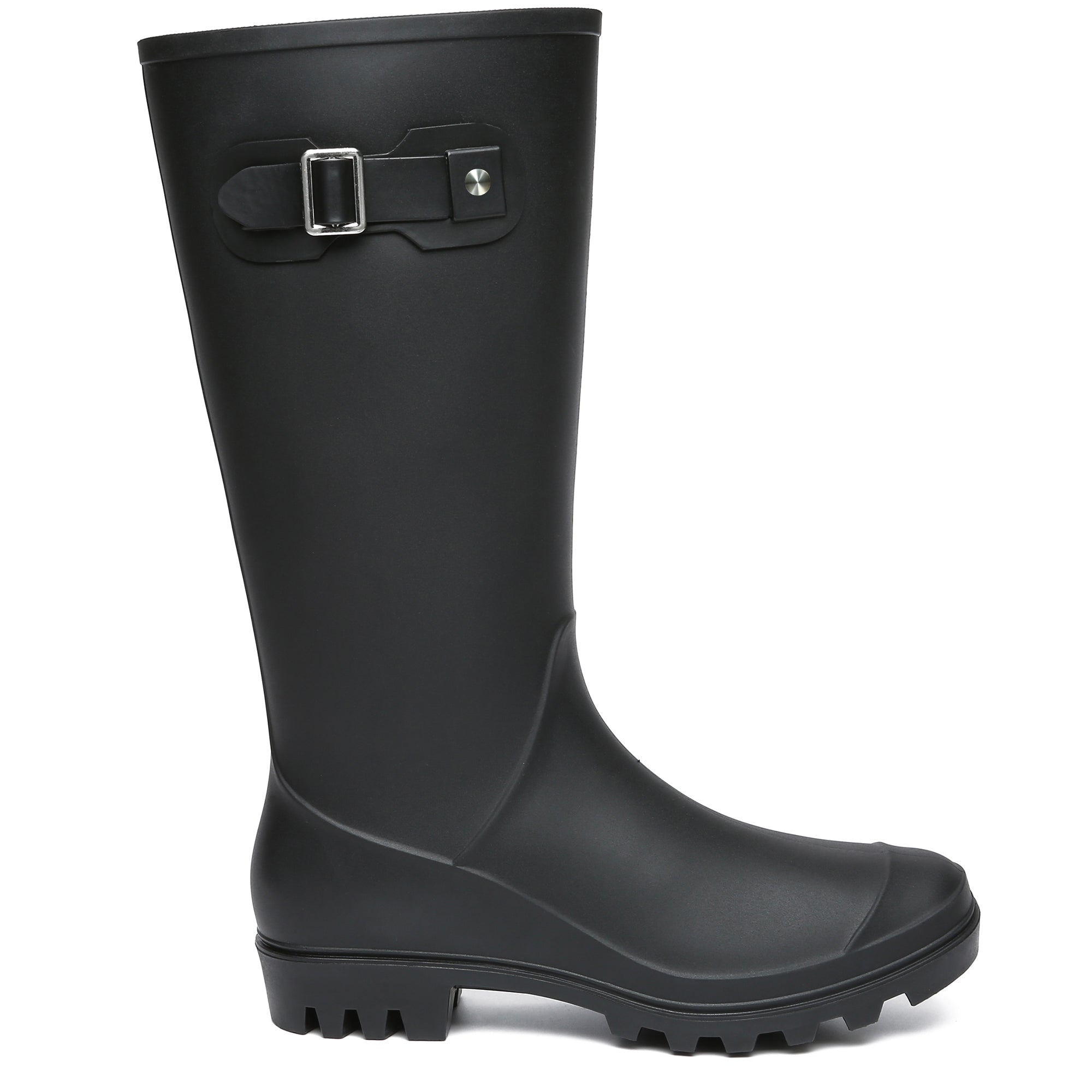 Black UGG rain boots with tall sheepskin insoles for women and men, featuring durable waterproof design and comfortable interior.