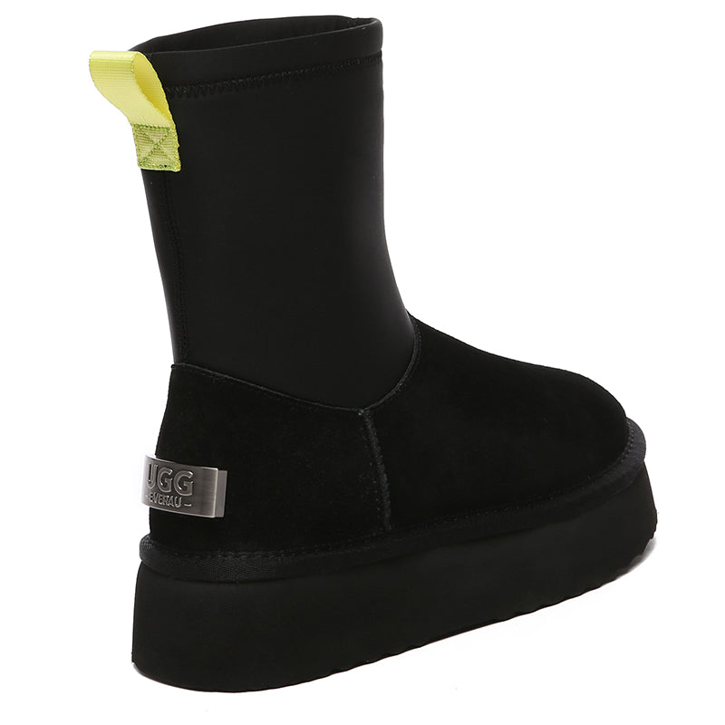 Black Tasman Platform UGG Boots for women by EverUgg, showcasing the stylish, comfortable ankle boots with platform soles.