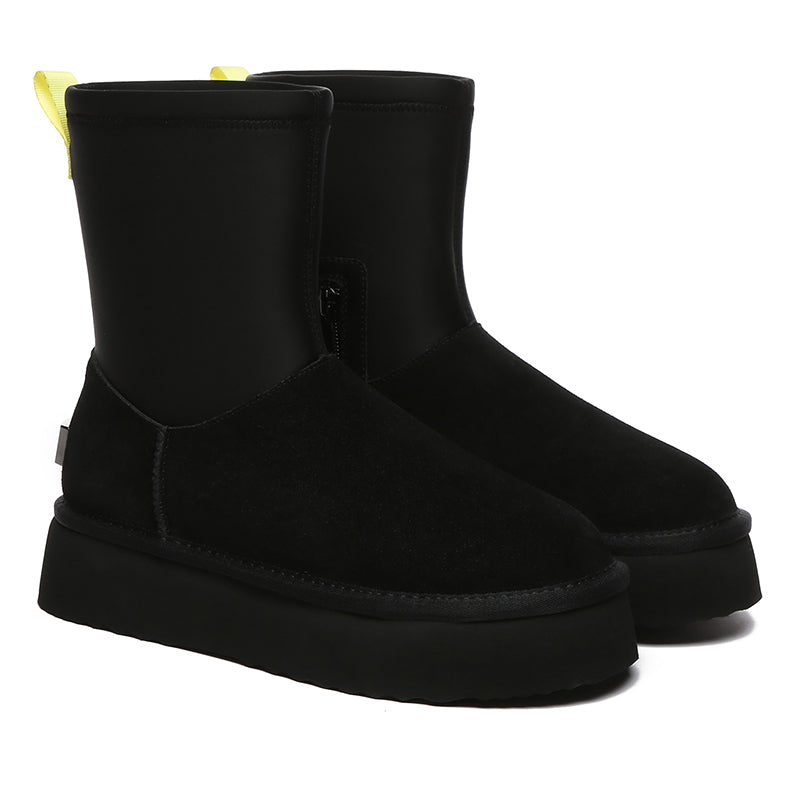 Black EverUgg Tasman Platform UGG boots for women, showcasing the stylish leather shoes with platform soles and cozy design.