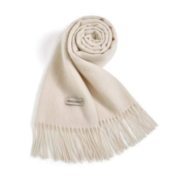 Black UGG Pure Wool Tassel Scarf by EverUgg, showcasing soft wool fabric and stylish tassel details for cozy fashion.