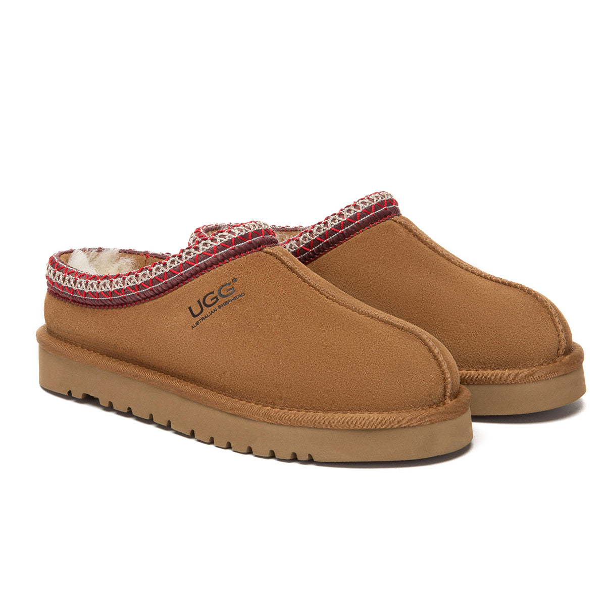 EverUgg Tazman Classic Color Mid Platform UGG Slippers in chest red with plush interior and slip-on design.