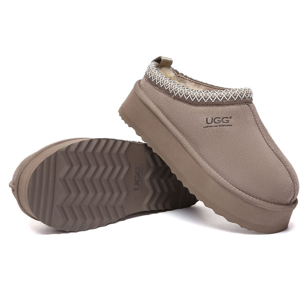 Multicolor Tazman UGG platform slippers for women with plush interior and slip-on design, featuring vibrant patterns and comfortable soles.