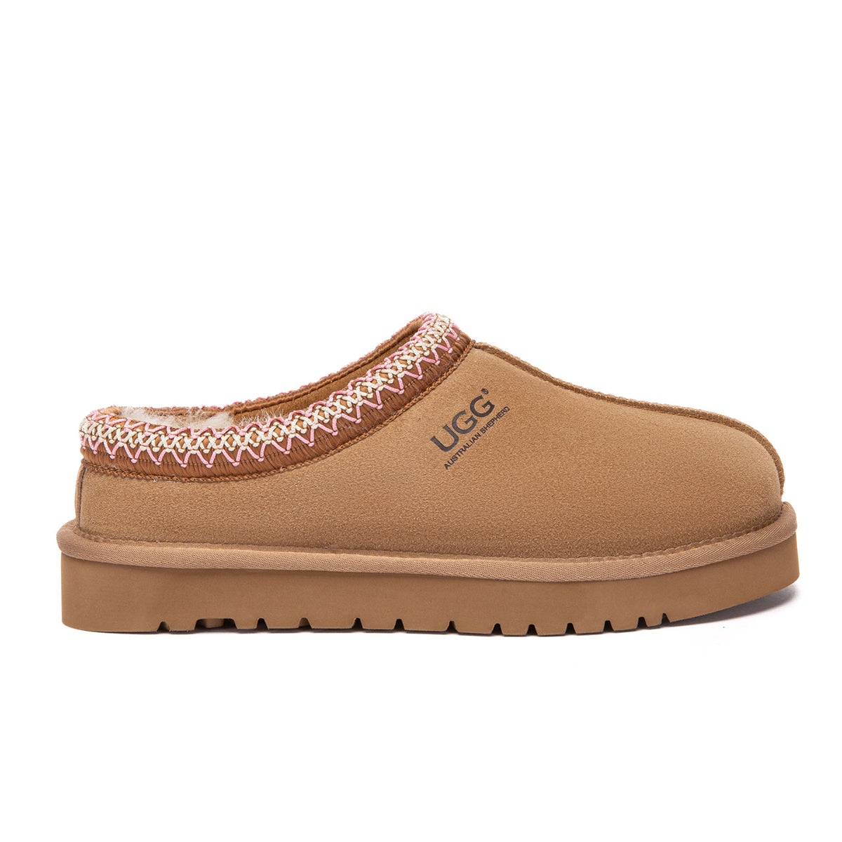 EverUgg Tazman Special Color camel mid platform UGG slippers with plush interior and slip-on design.