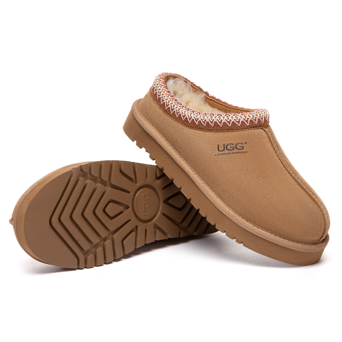 EverUgg Tazman Special Color Mid Platform UGG Slippers in camel with plush interior and unique design, perfect for cozy comfort.
