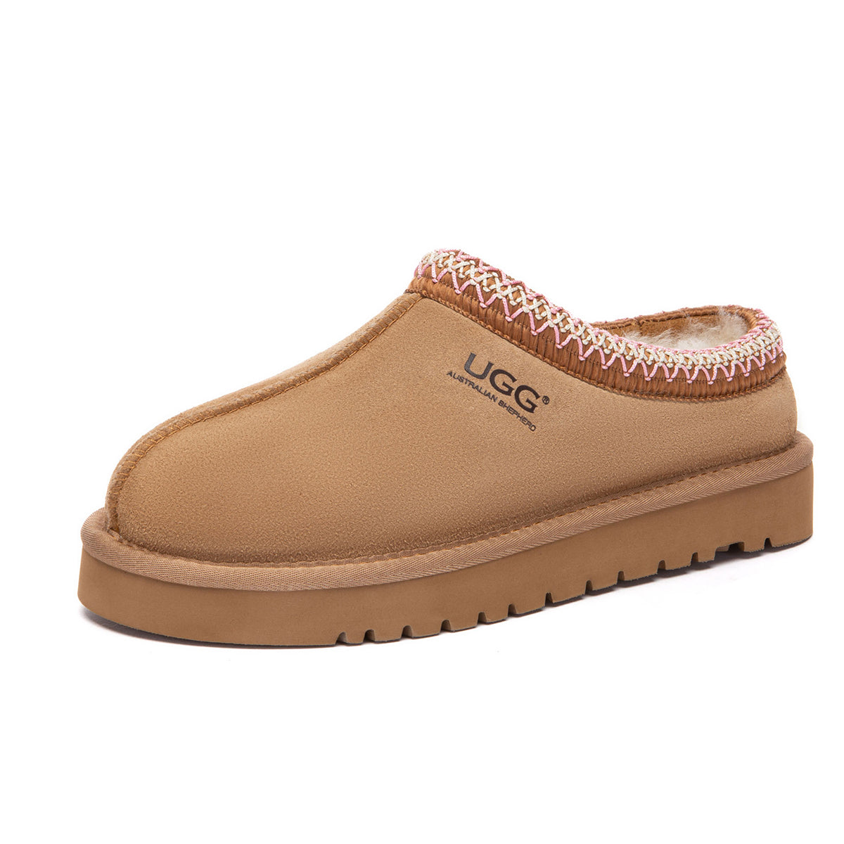 EverUgg Tazman Special Color Mid Platform UGG slippers in camel with plush lining and slip-on design.