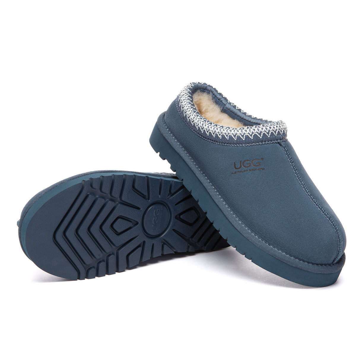 EverUgg Tazman Special Color Mid Platform UGG slippers in denim blue, showcasing soft fabric and stylish mid-height platform design.