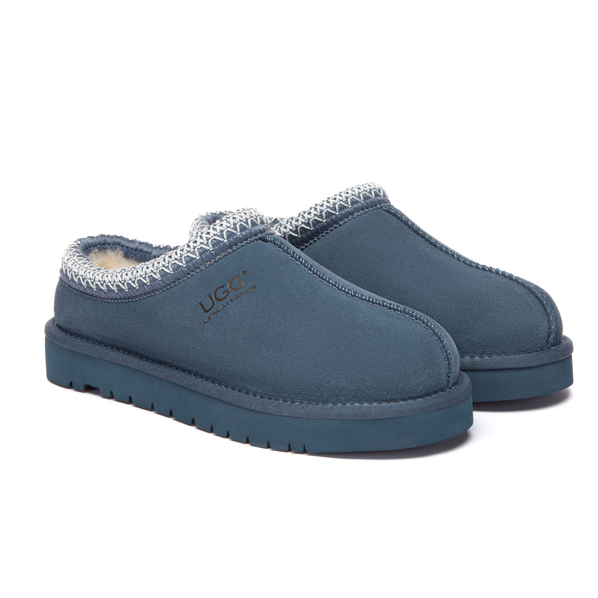 EverUgg Tazman Special Color Mid Platform UGG Slippers in denim blue with a cozy, plush interior and stylish platform sole.