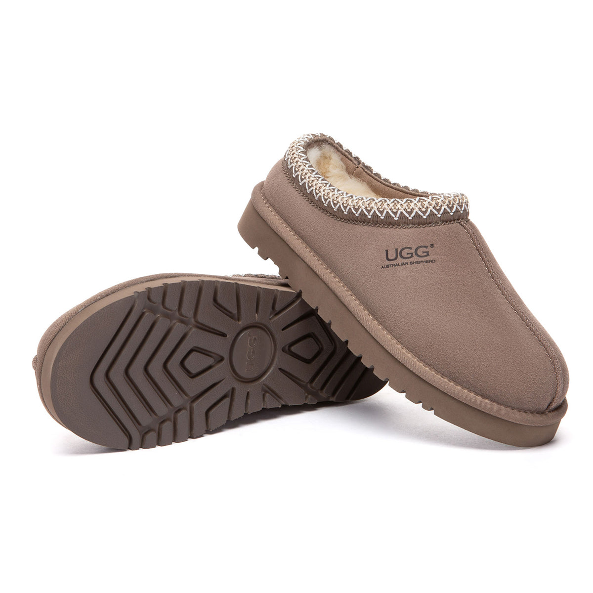 Taupe Tazman Special Color Mid Platform UGG slippers by EverUgg featuring plush interior and sturdy platform sole.