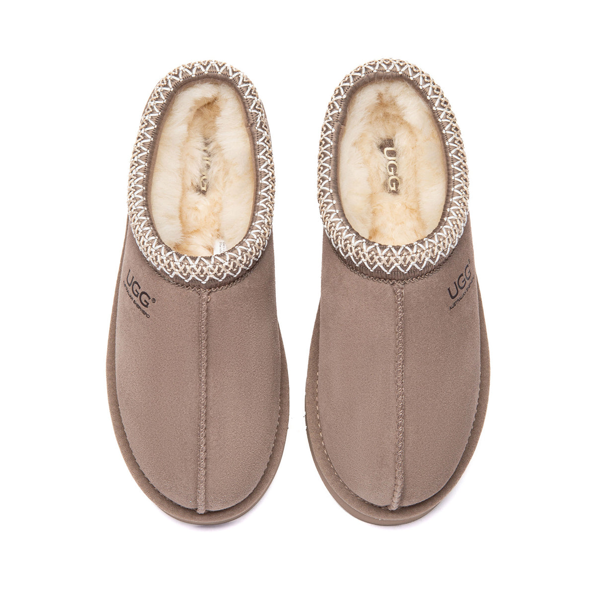 EverUgg Tazman Special Color Mid Platform UGG slippers in taupe with cushioned soles and cozy design.