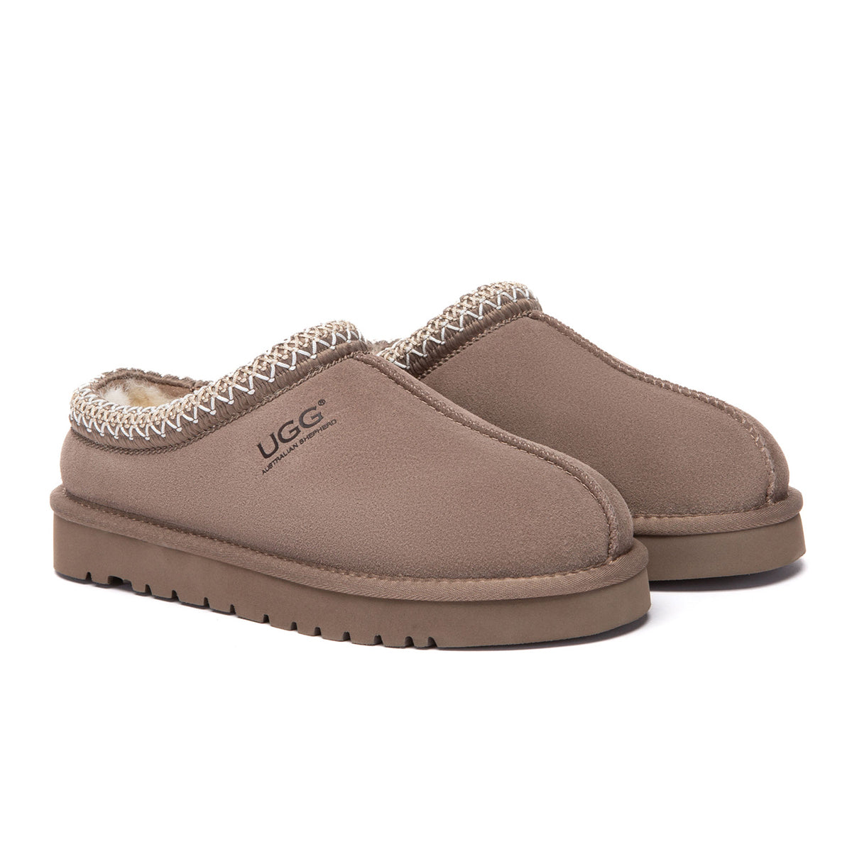 EverUgg Tazman Special Color Mid Platform UGG slippers in taupe, featuring a cozy design and stylish mid-heel platform.