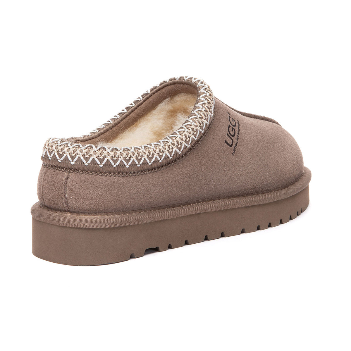 Taupe EverUgg Tazman Special Color Mid Platform UGG slippers with plush lining and thick platform soles.