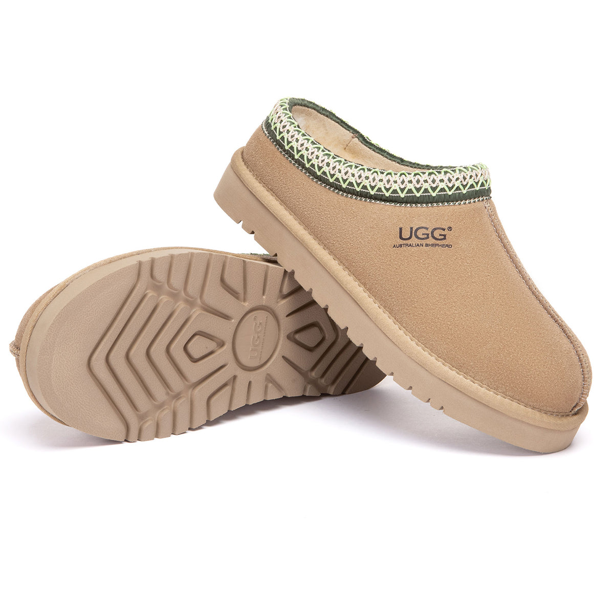 EverUgg Tazman Special Color mid platform UGG slippers in sandlime color, featuring plush interior and stylish design.