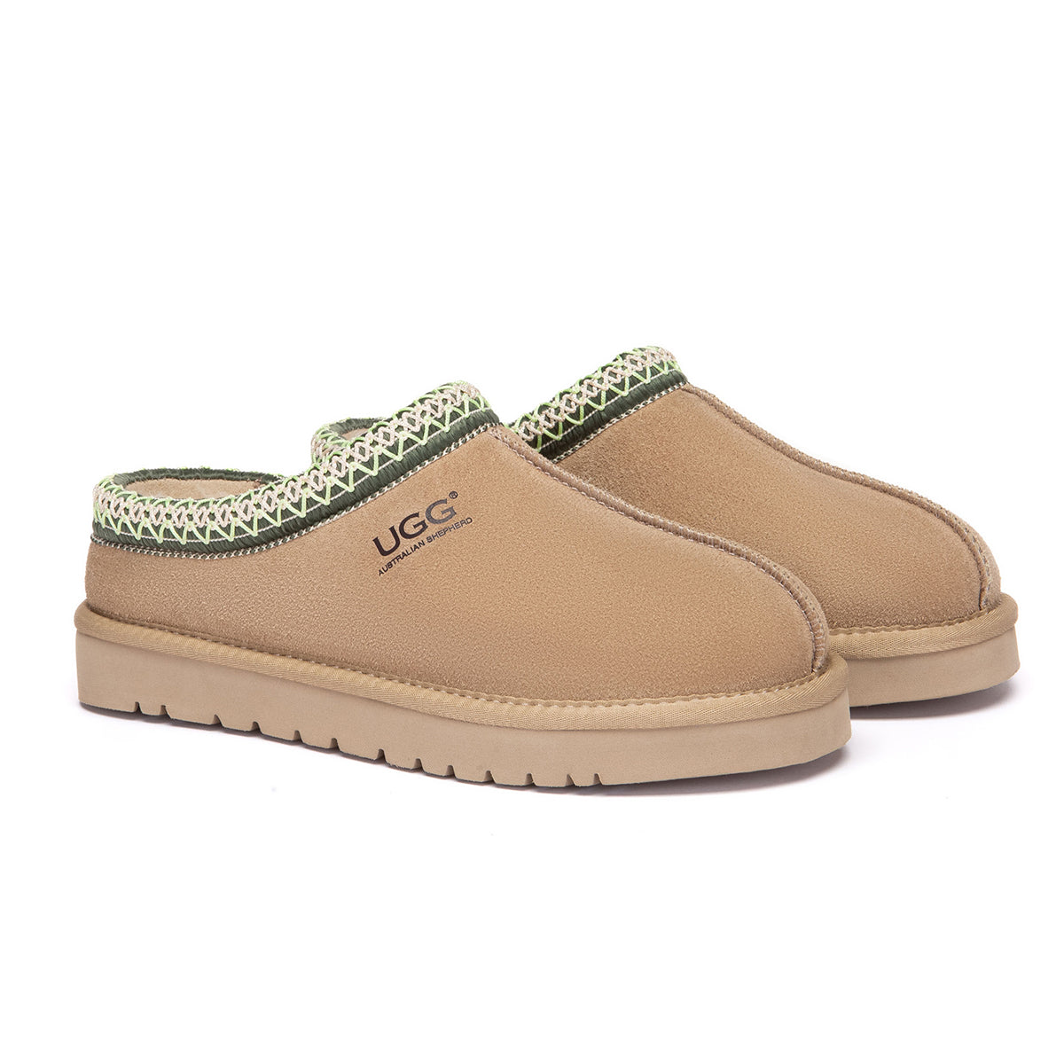 EverUgg Tazman Special Color mid-platform UGG slippers in sandlime color with plush interior and chunky sole.