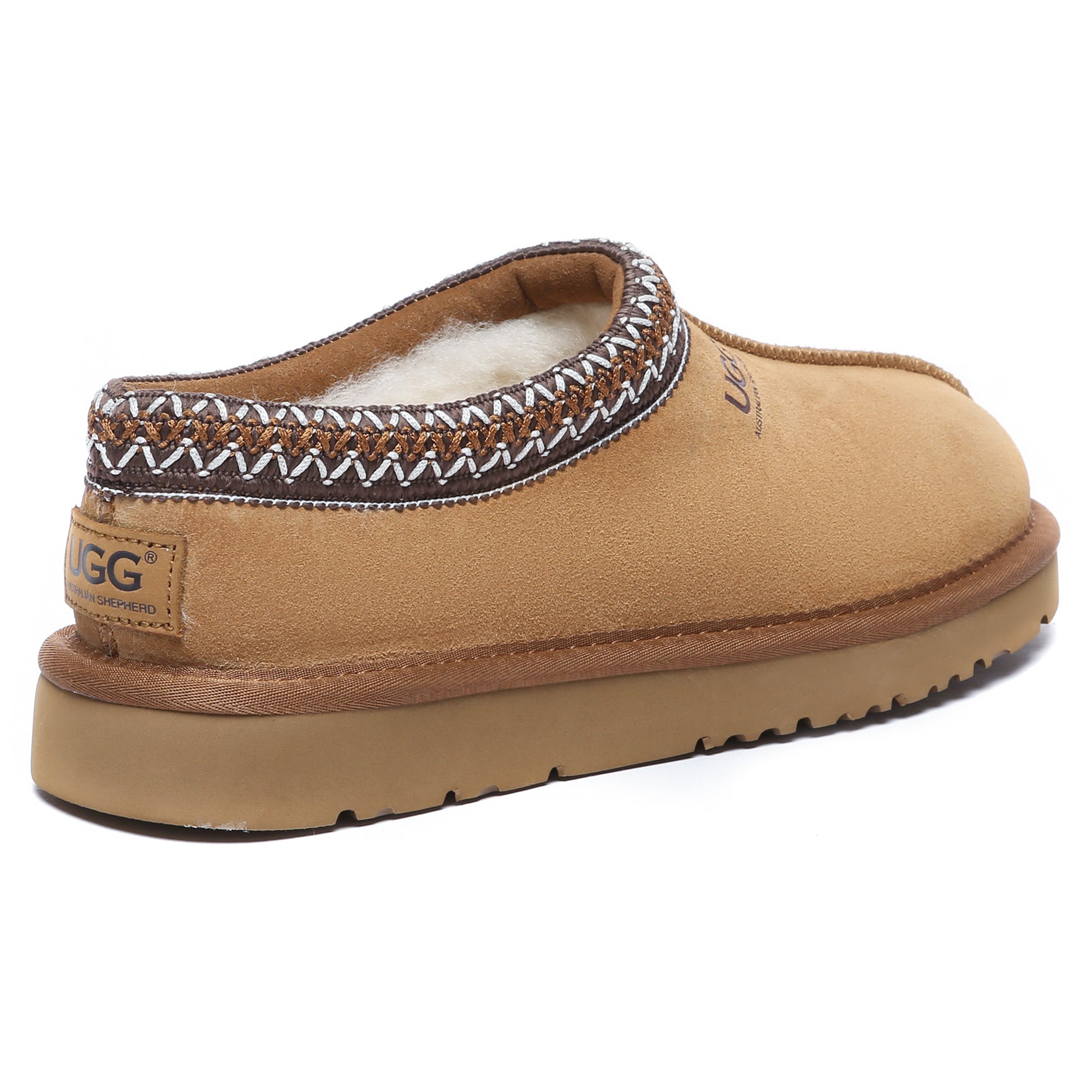EverUgg Tazzy Stitch UGG slippers showing cozy wool-lined interior and beige stitched exterior for comfortable indoor wear.