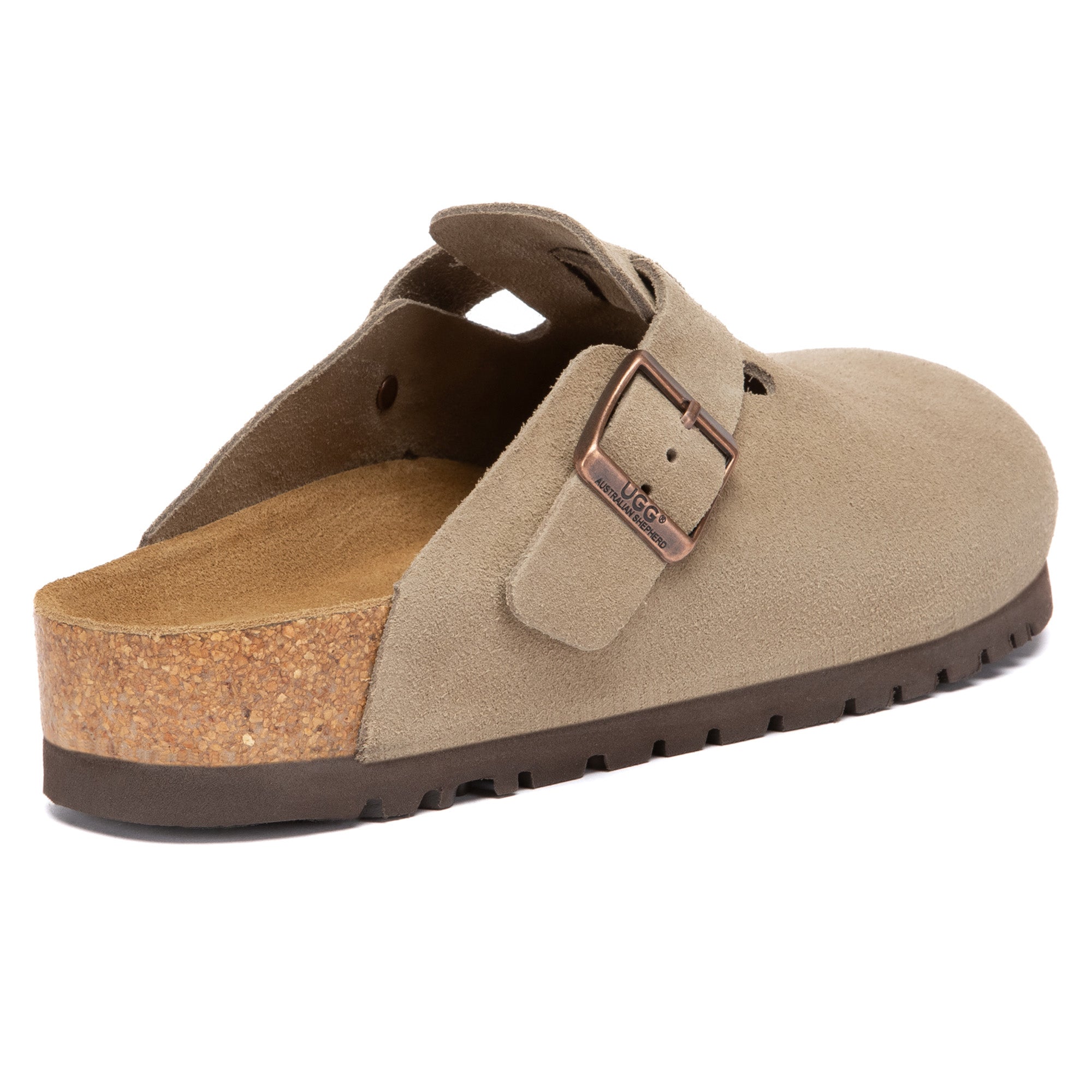 EverUgg Birkie Suede Buckle Clogs slippers with buckle detail and cozy suede material, shown in a side view.