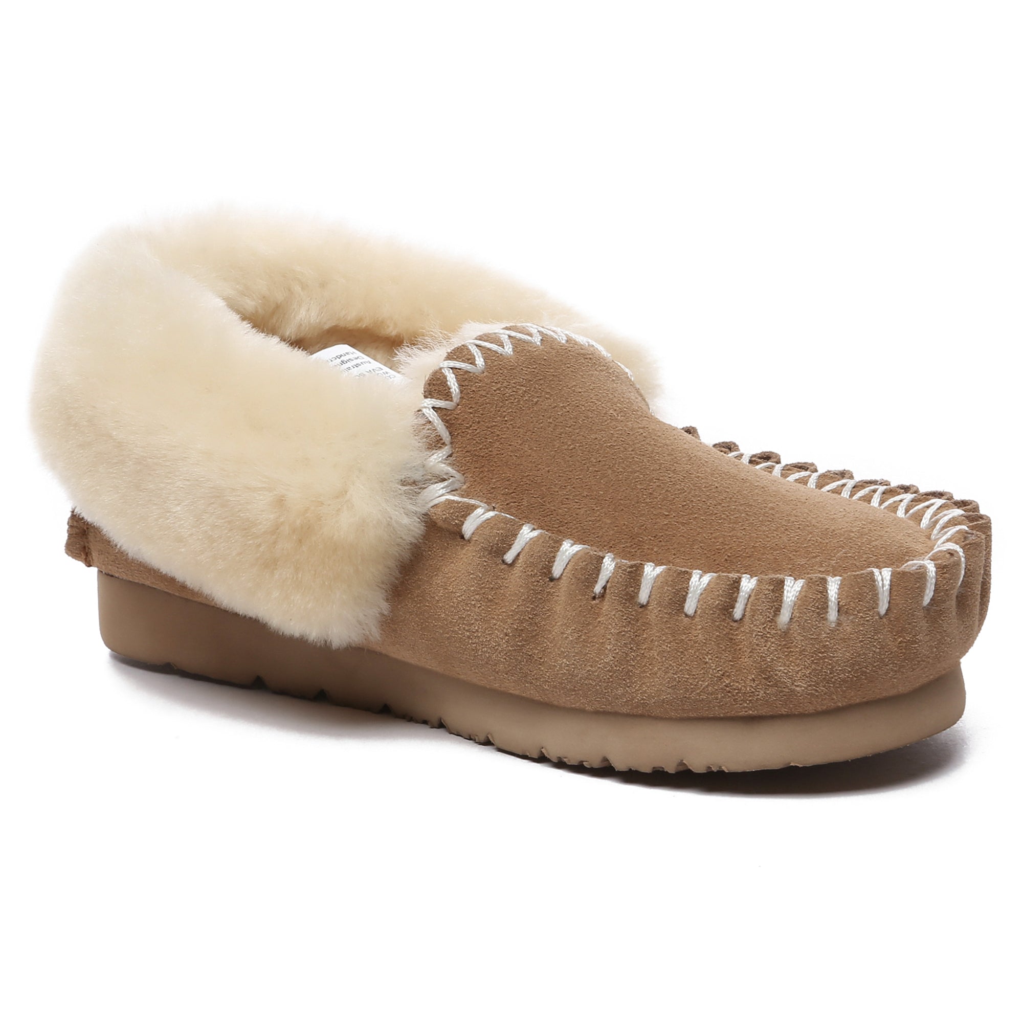 EverUgg traditional sheepskin moccasin slippers for women with soft sheepskin lining and brown leather exterior.