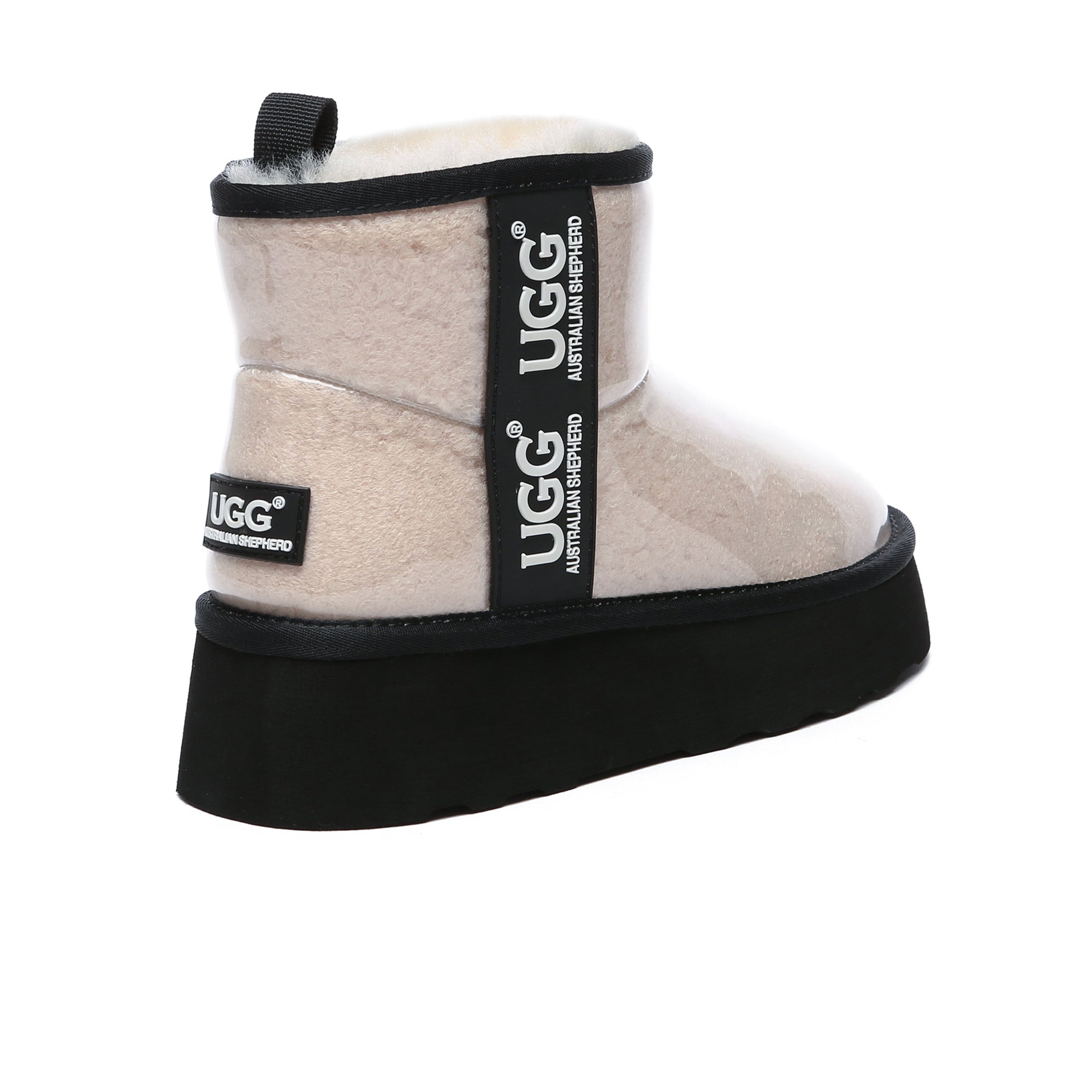 Clear transparent platform UGG boots by EverUgg featuring a sleek boot design with a chunky sole and stylish see-through upper.