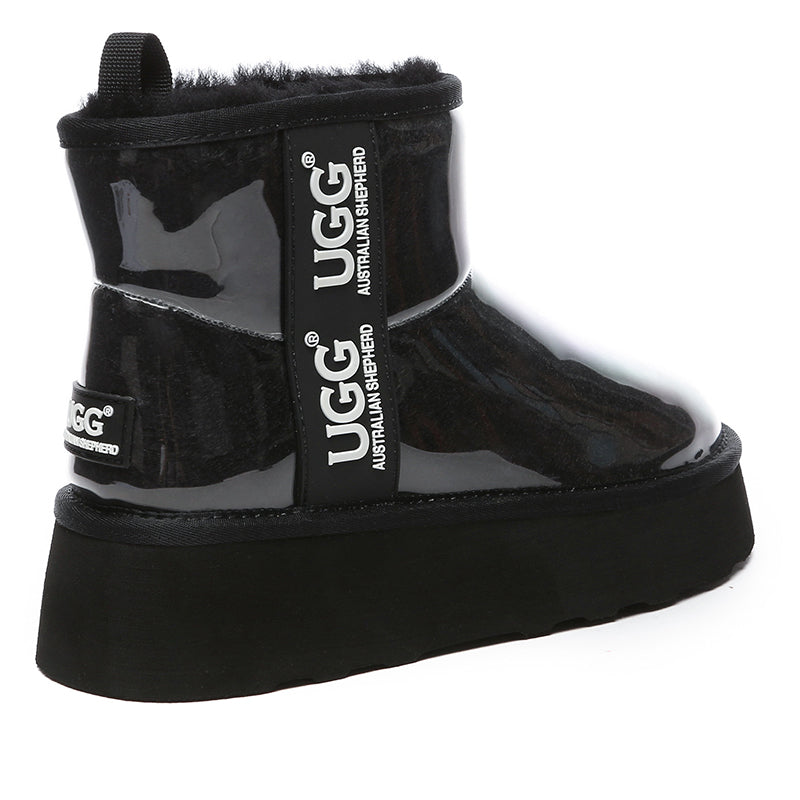 Black transparent platform UGG boots by EverUgg, showcasing stylish boots with clear platform soles and classic UGG design.