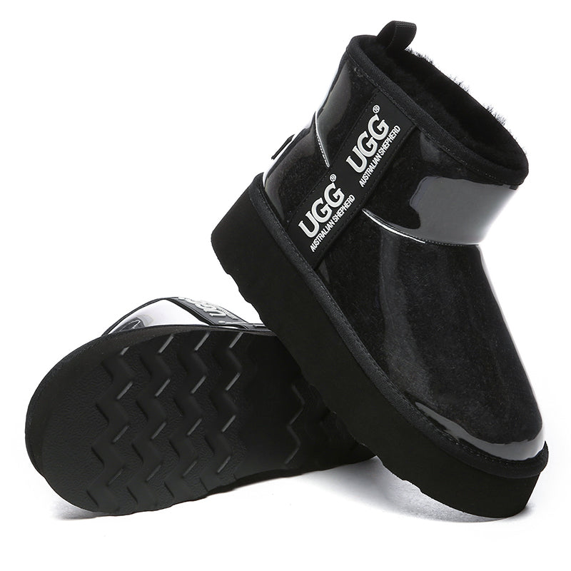Black transparent platform UGG boots by EverUgg, showcasing sleek design and clear platform sole for a modern look.
