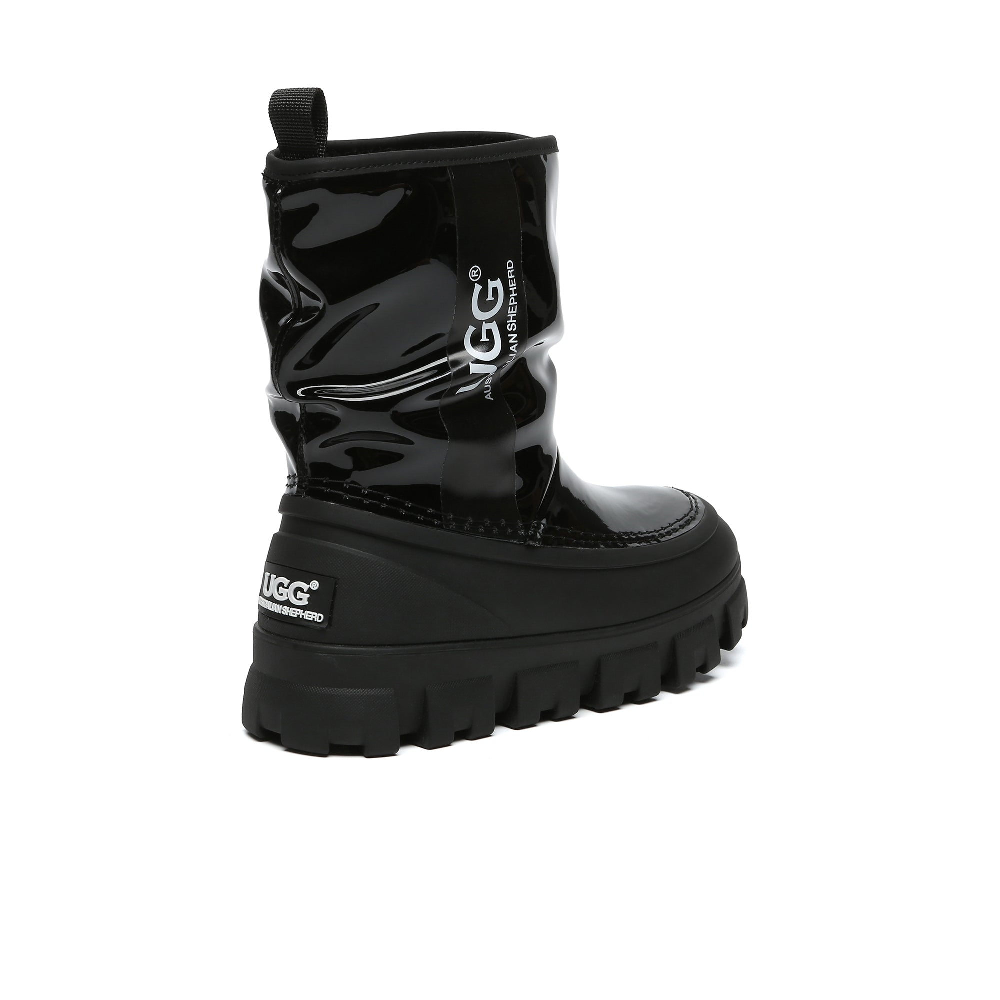 EverUgg chunky sheepskin rain boots with waterproof exterior and thick soles, perfect for wet weather.