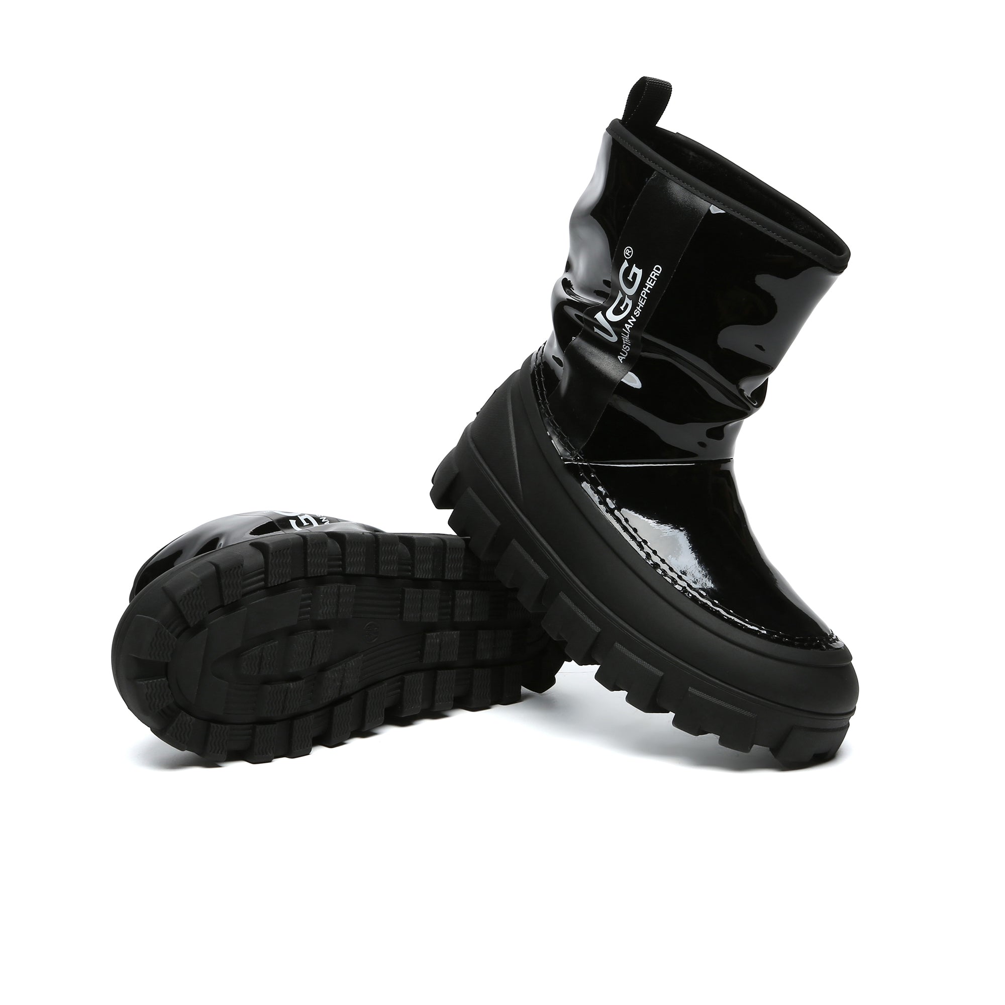 EverUgg chunky sheepskin rain boots with waterproof design and cozy sheepskin lining, ideal for wet weather.
