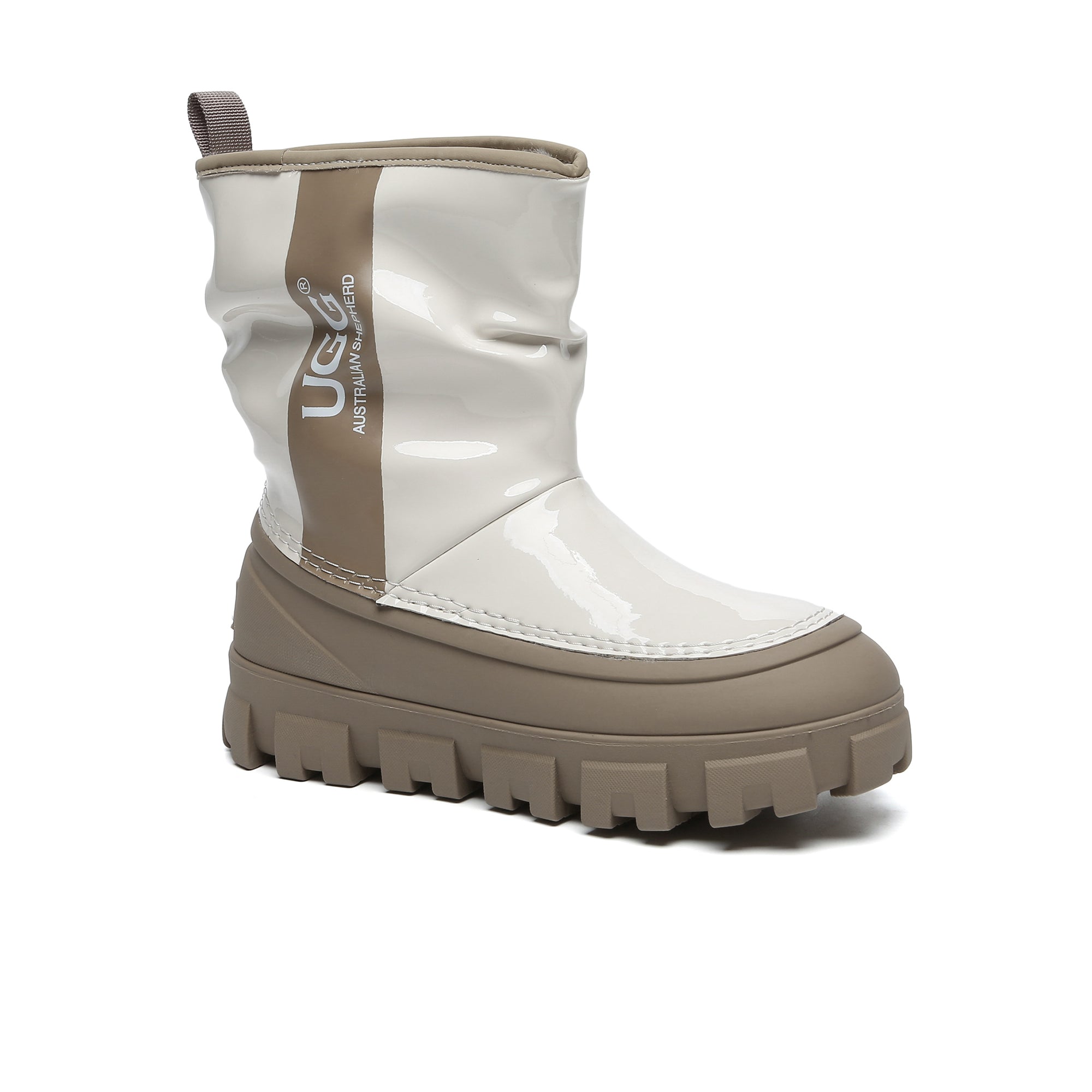 EverUgg chunky sheepskin rain boots with thick soles and waterproof design, showcasing soft sheepskin lining and stylish rainwear style.