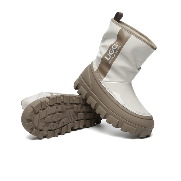 EverUgg chunky sheepskin rain boots with waterproof design, featuring soft sheepskin lining and sturdy rubber soles.