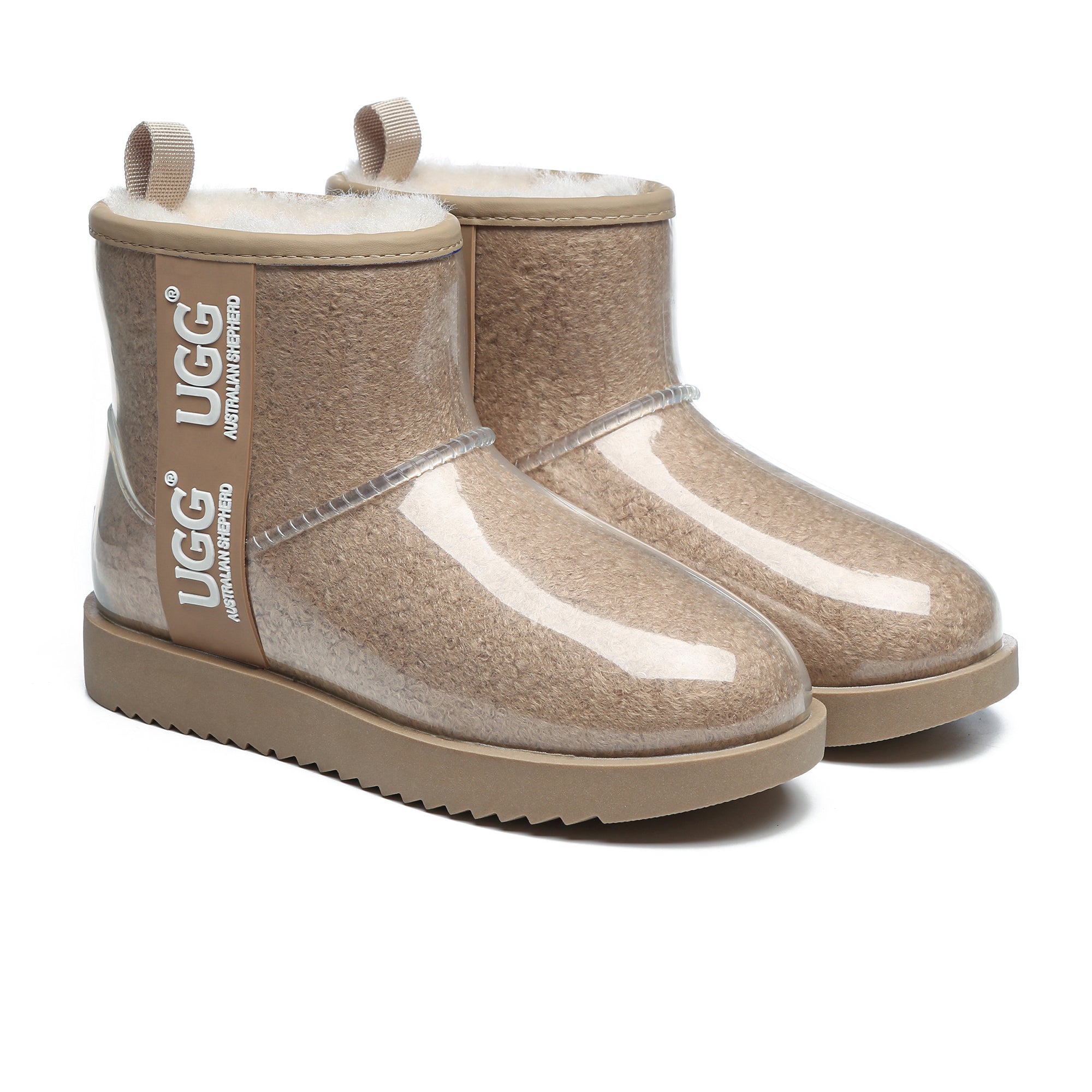 EverUgg coated mini classic rain boots, gumboots style with a waterproof finish, featuring a sleek black exterior and sturdy sole.