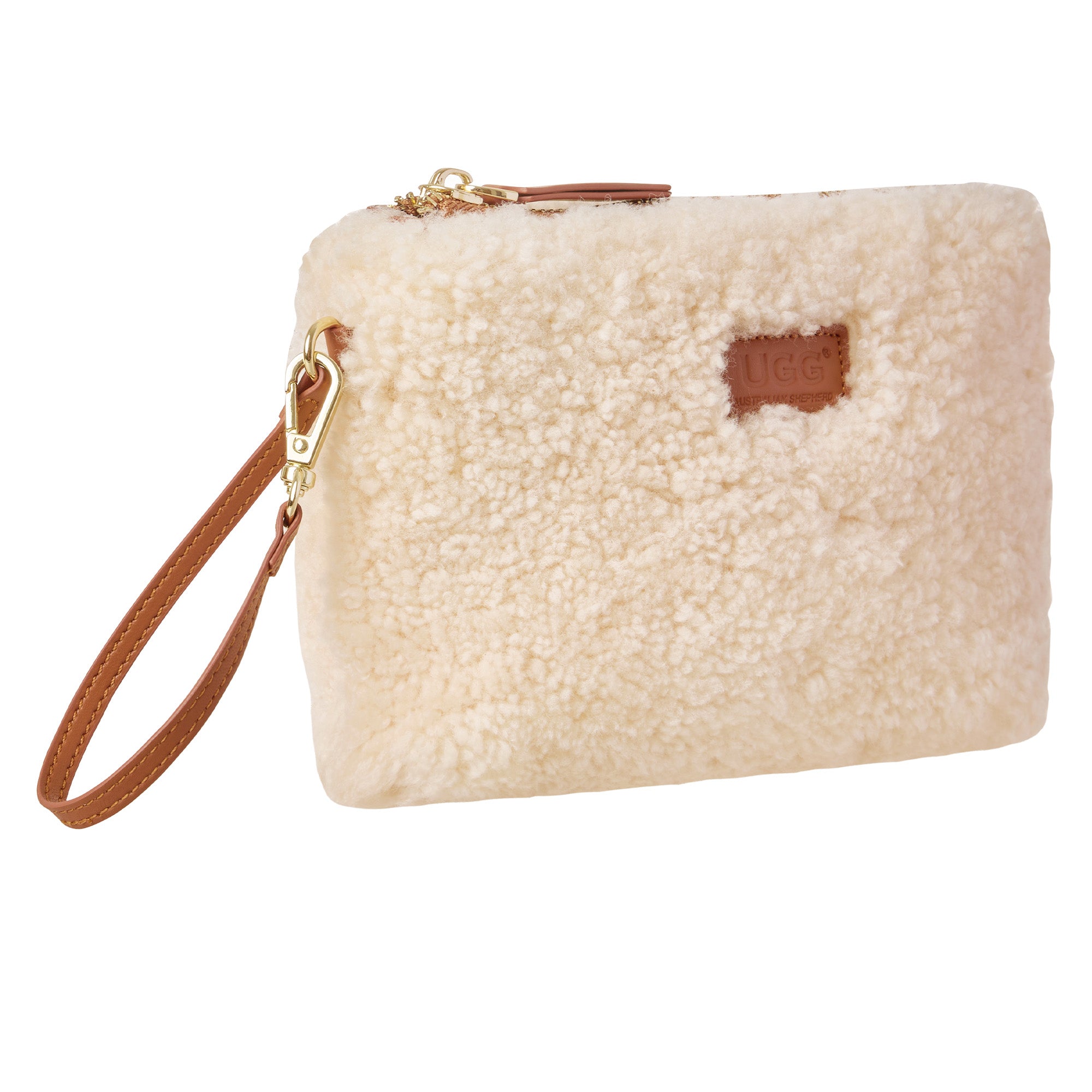 EverUgg UGG Fluffy Pouch Wrist Bag, soft plush handbag with wrist strap, stylish and cozy accessory for casual outfits.