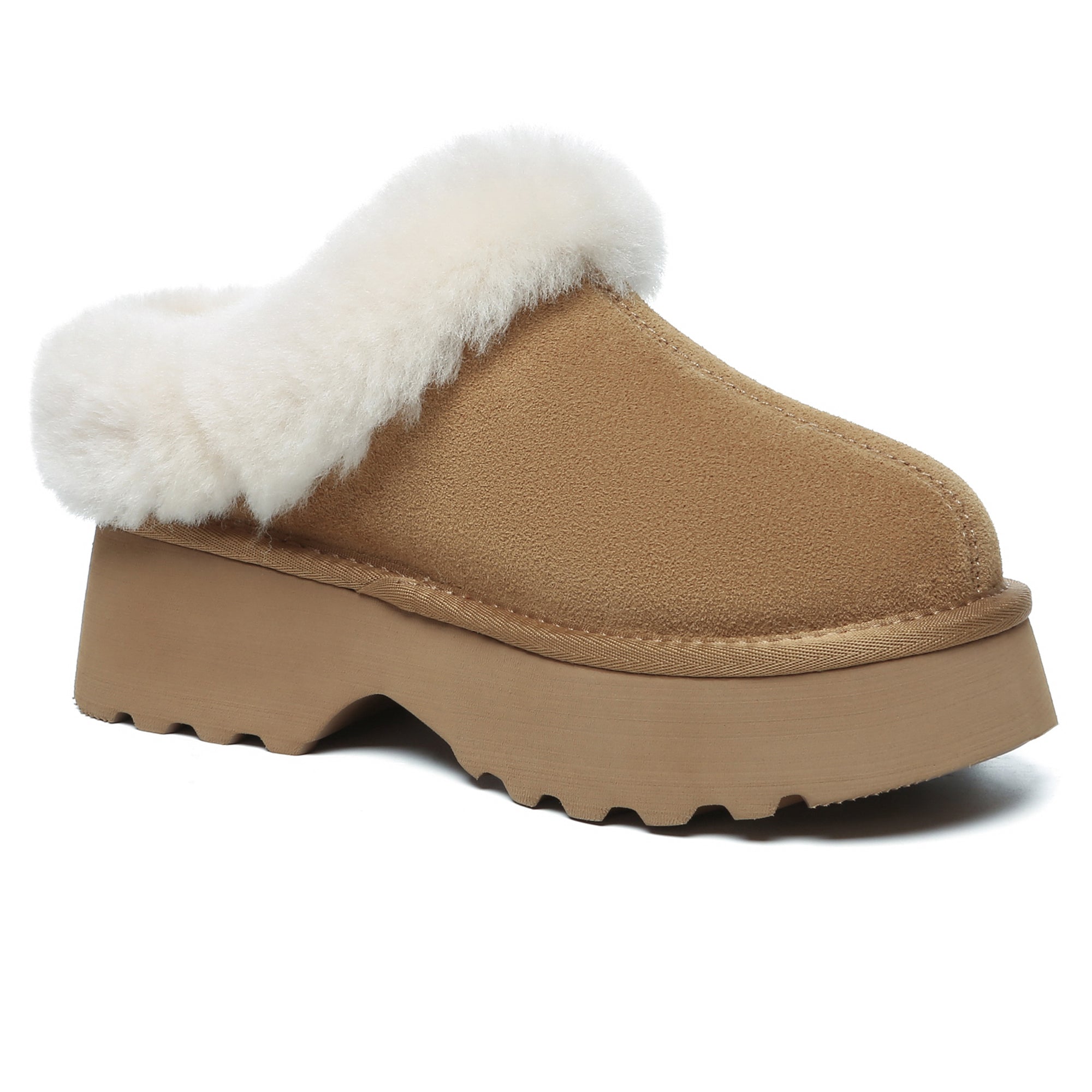 EverUgg UGG heel platform slippers for women with plush interior and sturdy sole, stylish and comfortable indoor footwear.