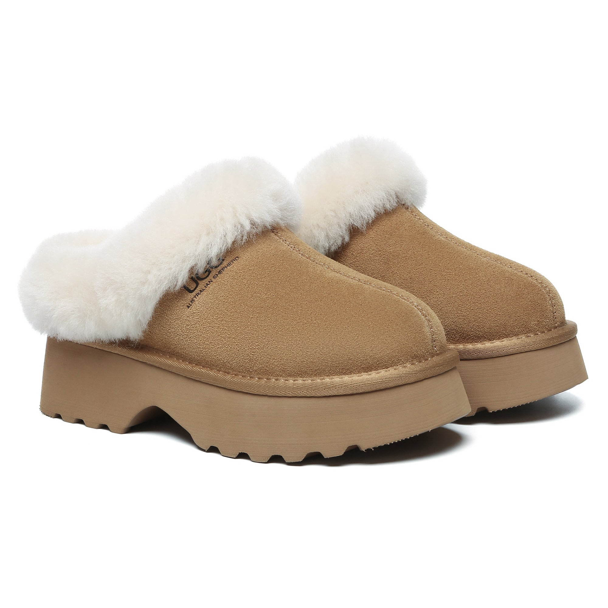EverUgg women's UGG heel platform slippers with cozy shearling lining and chunky heel, perfect for indoor comfort.