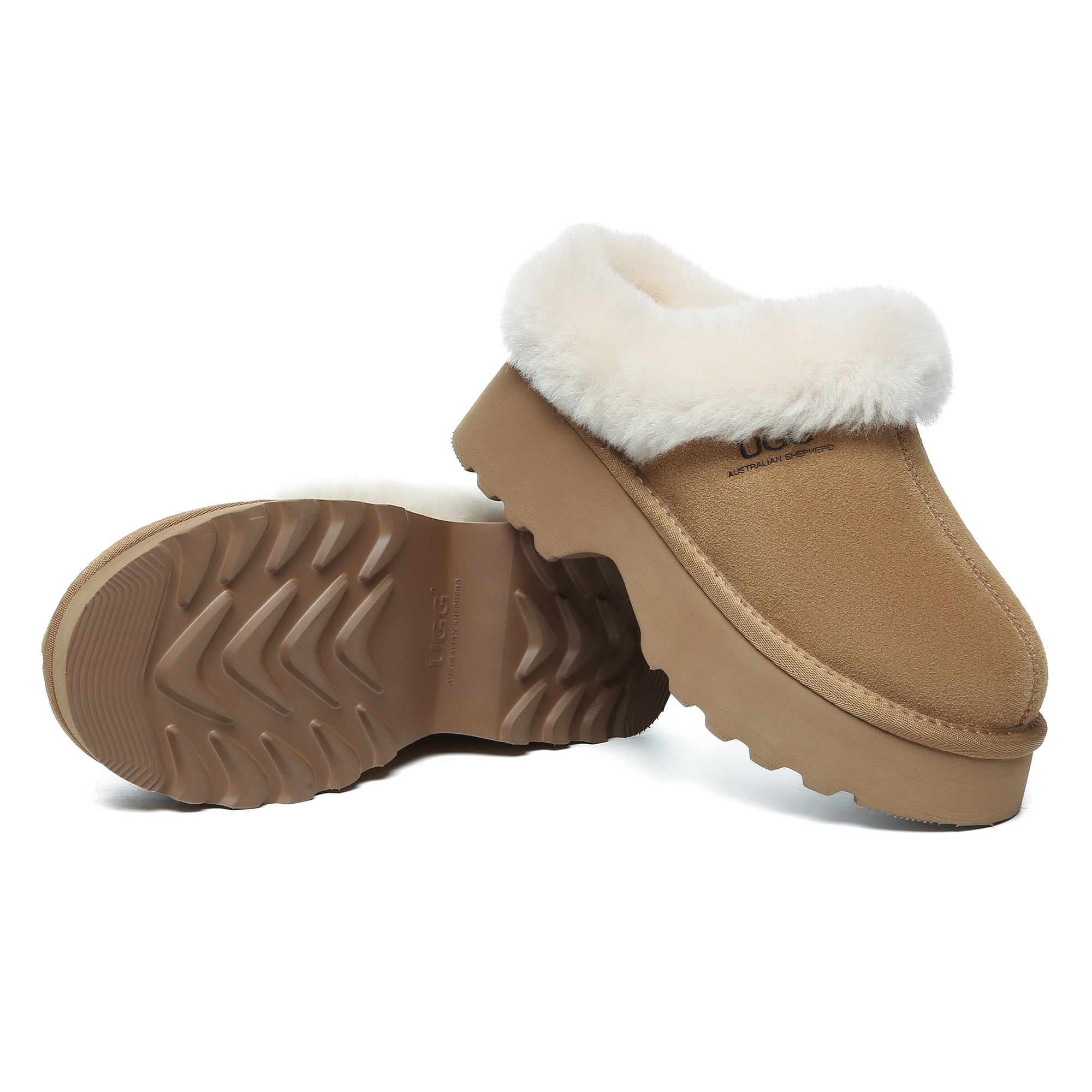 EverUgg UGG heel platform slippers for women, stylish slip-on shoes with cushioned soles and cozy design.