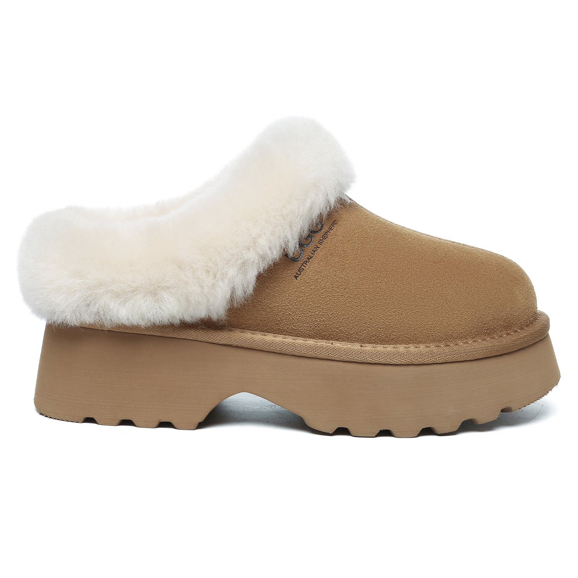 EverUgg UGG heel platform slippers for women with plush interior and tan suede exterior, showcasing stylish slip-on design.