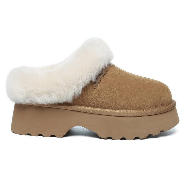 EverUgg UGG heel platform slippers for women with plush interior and tan suede exterior, showcasing stylish slip-on design.