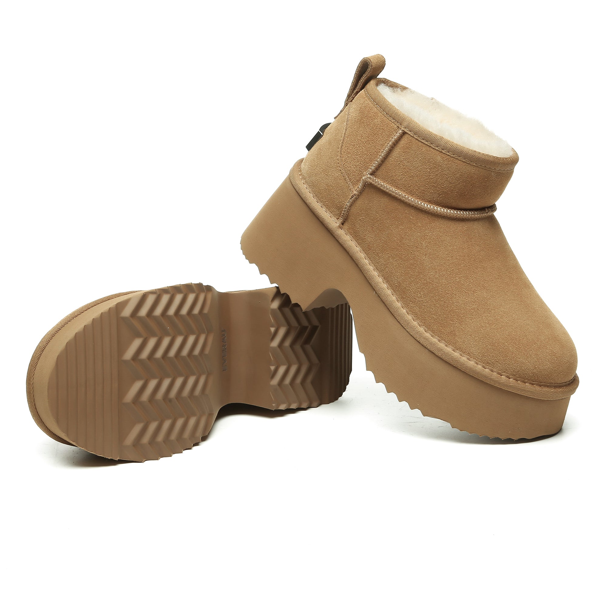 EverUgg UGG heel ultra mini platform boots for women with black leather upper and chunky sole, stylish and trendy footwear.