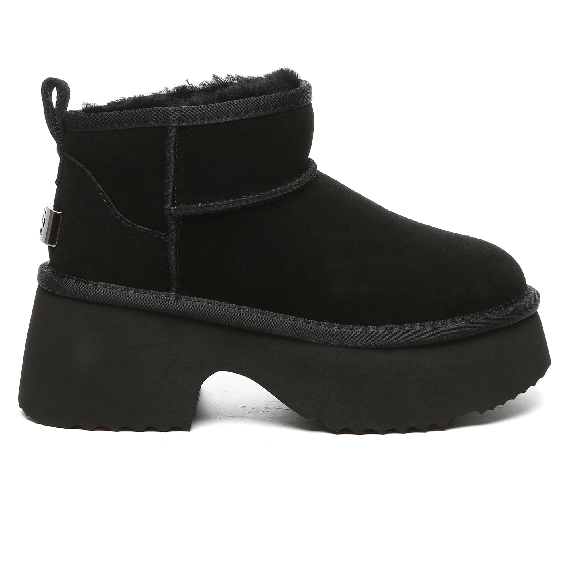 EverUgg UGG heel ultra mini platform boots for women, showcasing black leather shoes with chunky soles and high heel design.